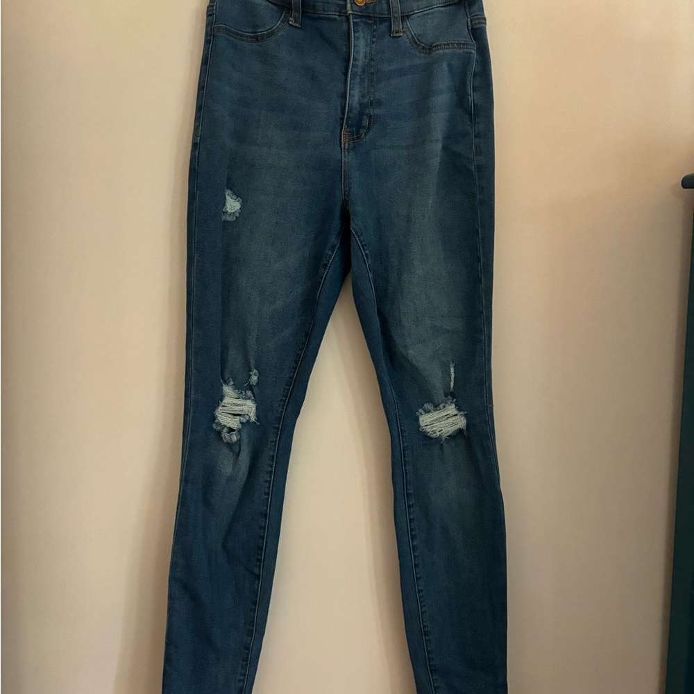 Blue Distressed Skinny High Waisted Jeans